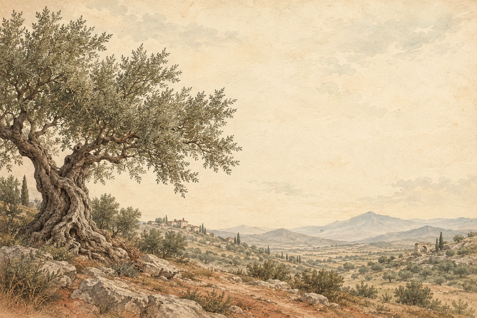 An olive tree overlooking a valley, drawn in sepia ink and watercolor